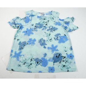 Juicy Couture Women Blue Floral Short Sleeve Cold Shoulder Top Size L